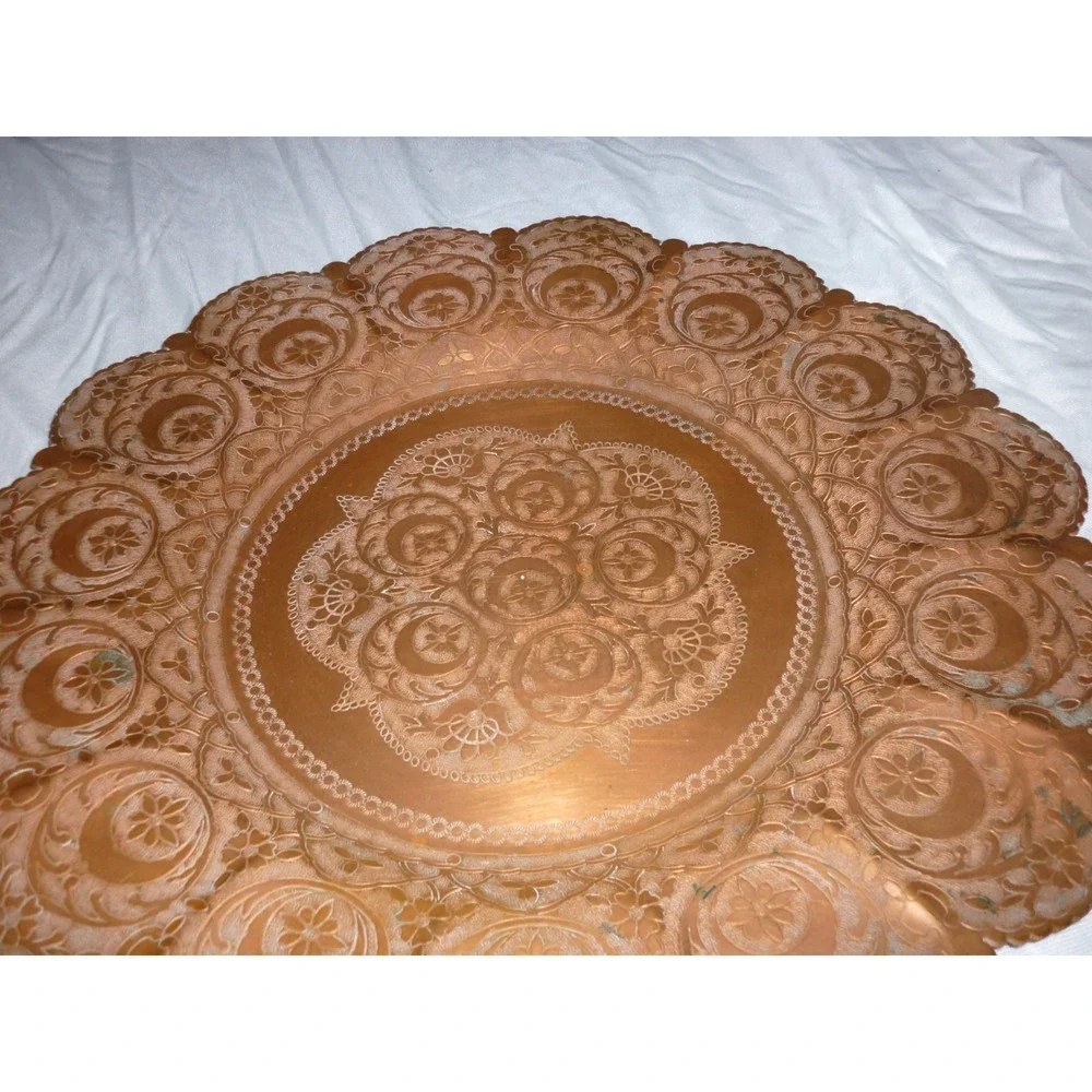 Vintage Hand Hammered Etched Copper Plate Floral‎ Moon Star Scalloped 12 Inch